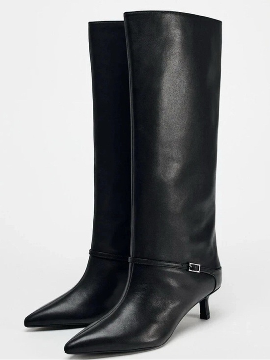 Zara Shoes - Zara Leather Kitten Heel Knee High Black Boots With Buckle